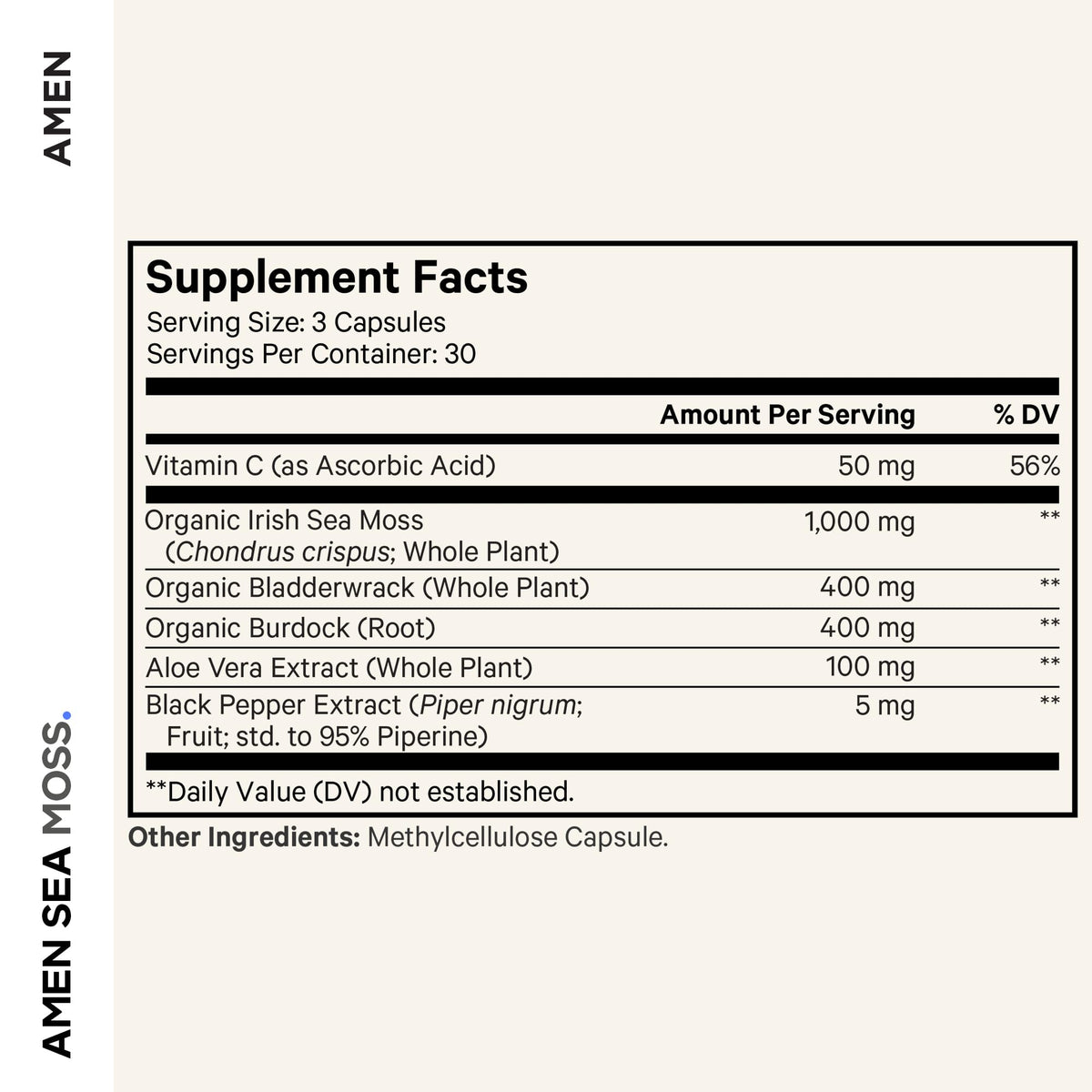 Amen Sea Moss Supplement - 1000mg Organic Irish Sea Moss, Bladderwrack, Burdock - Vitamin C, Aloe Vera, Black Pepper - Seaweed Superfood, Vitamins, Minerals, and Antioxidants - Non-GMO - 90 Capsules Amen buy supplements Au