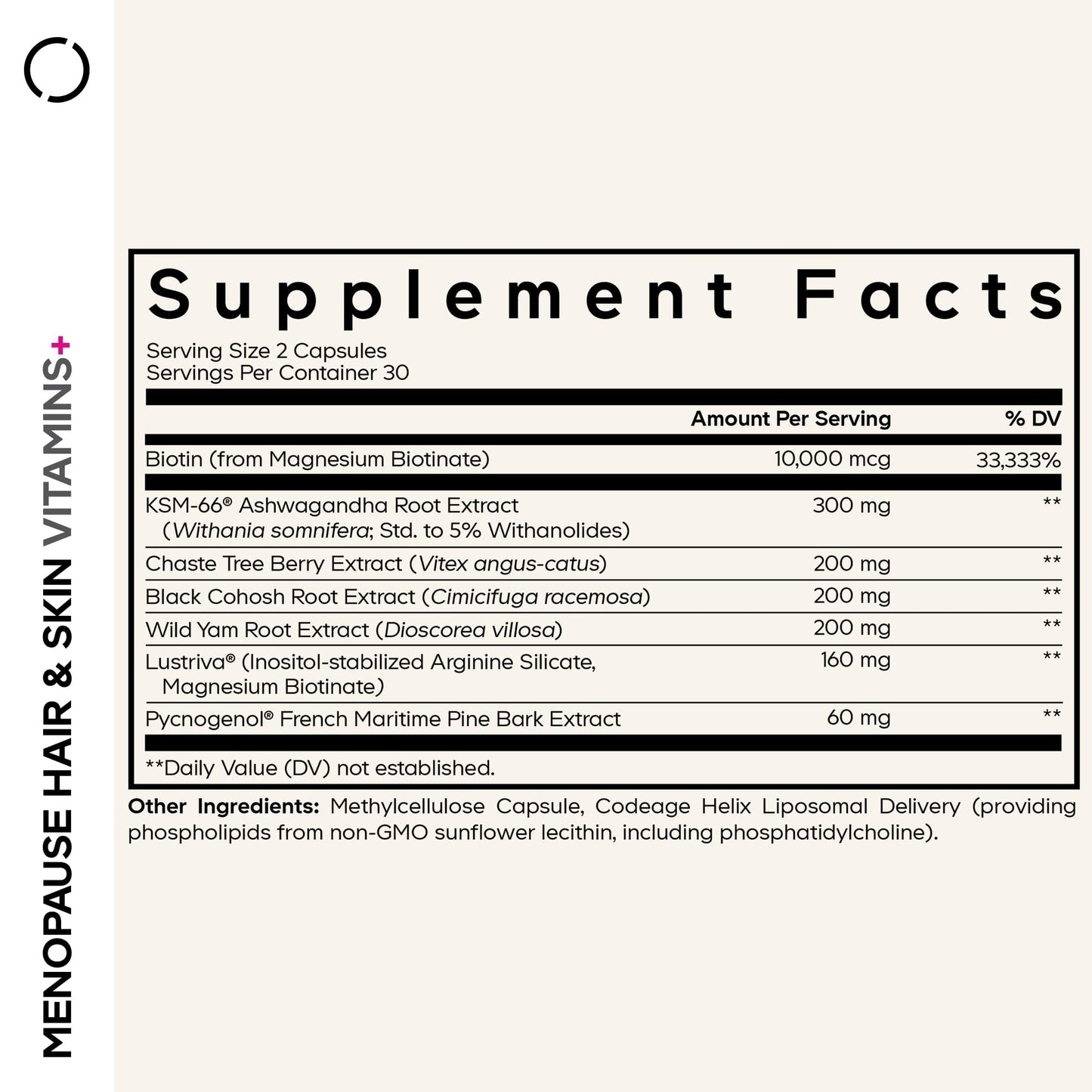 Codeage Menopause Hair & Skin Vitamins+ - Patented Lustriva, Pycnogenol, KSM-66 Ashwagandha - Hair Density Skin Perimenopause Support - Menopause Supplement - 10,000 Mcg Biotin, Wild Yam - 60 Capsules CodeageBuy Supplements Australia