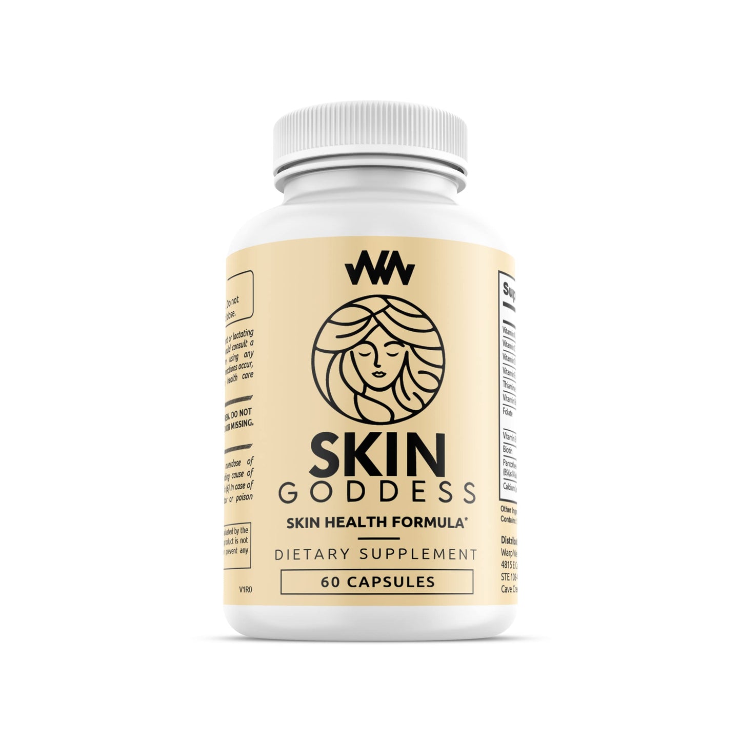 Supplement bottle labeled 'Skin Goddess' on a white background