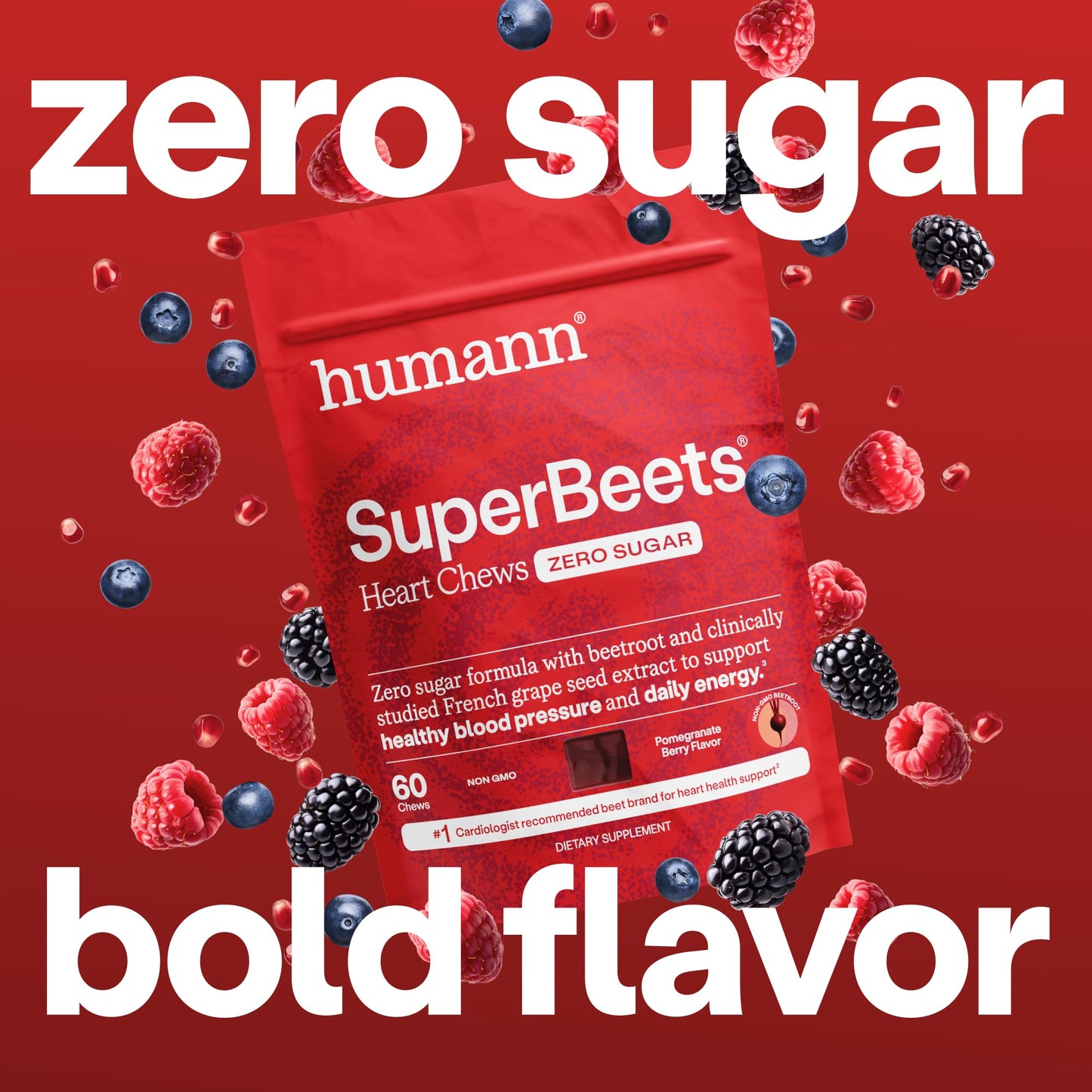 Humann SuperBeets Heart Chews Zero Sugar, Beet Root Supplement, Energy, Nitric Oxide and Blood Pressure Support, Grape Seed Extract & Non-GMO