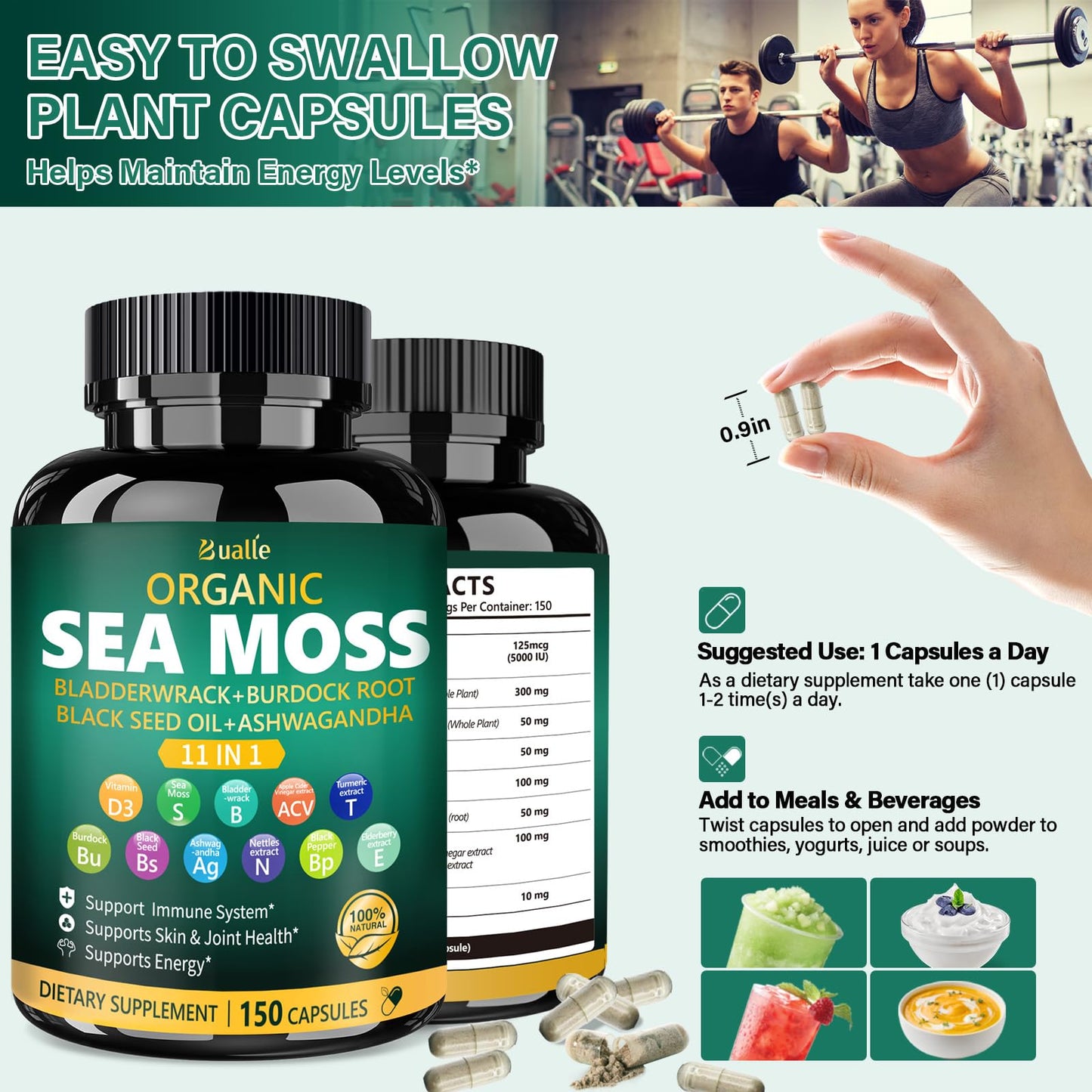 Bualle Irish Sea Moss Capsules – Organic Sea Moss, Black Seed Oil, Ashwagandha Supplements with Bladderwrack, Ginger & Burdock Root – Supports Daily Wellness, Skin & Energy – 150 Count (1 Pack) Bualle buy supplements Au
