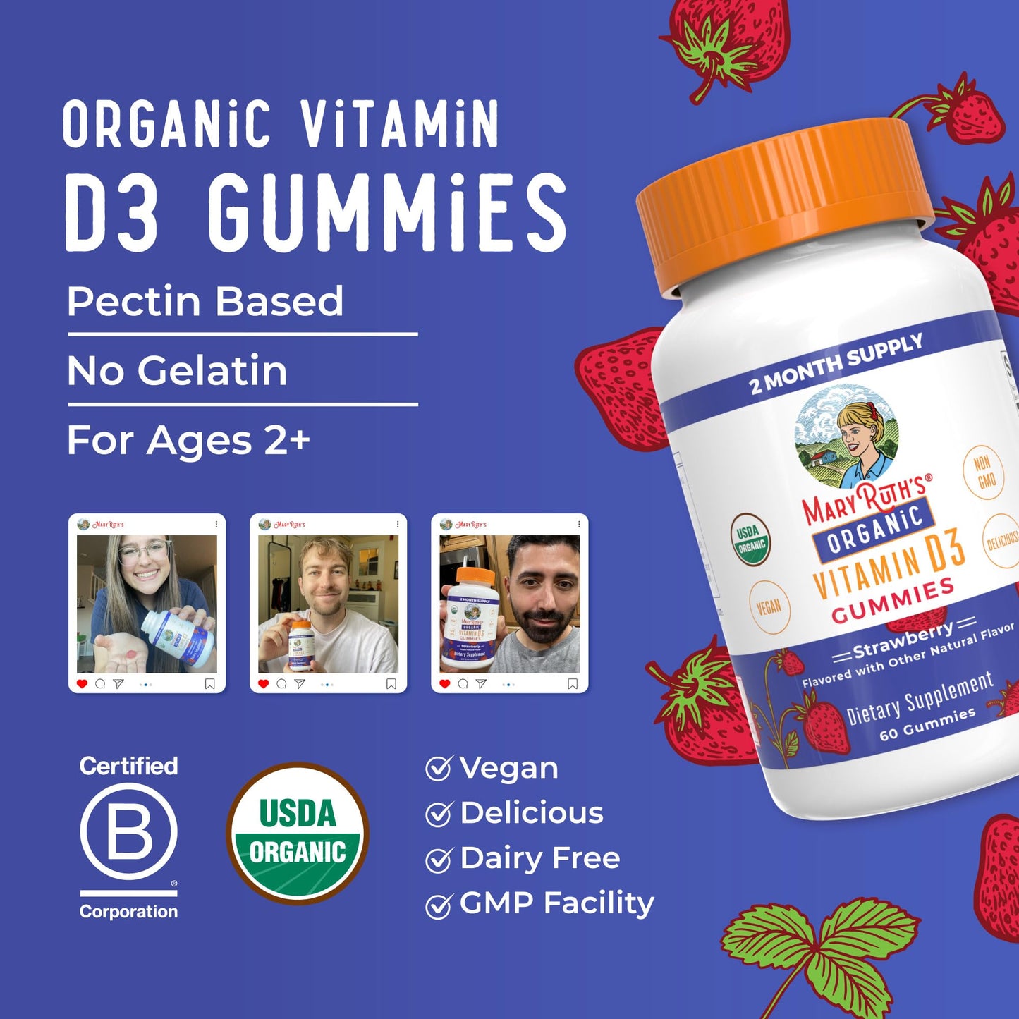 MARYRUTH'S Organic Vitamin D3 Gummies | 1000 IU | USDA Organic | Immune Support| Bone Health | Muscle Function | for Adults & Kids Ages 2+