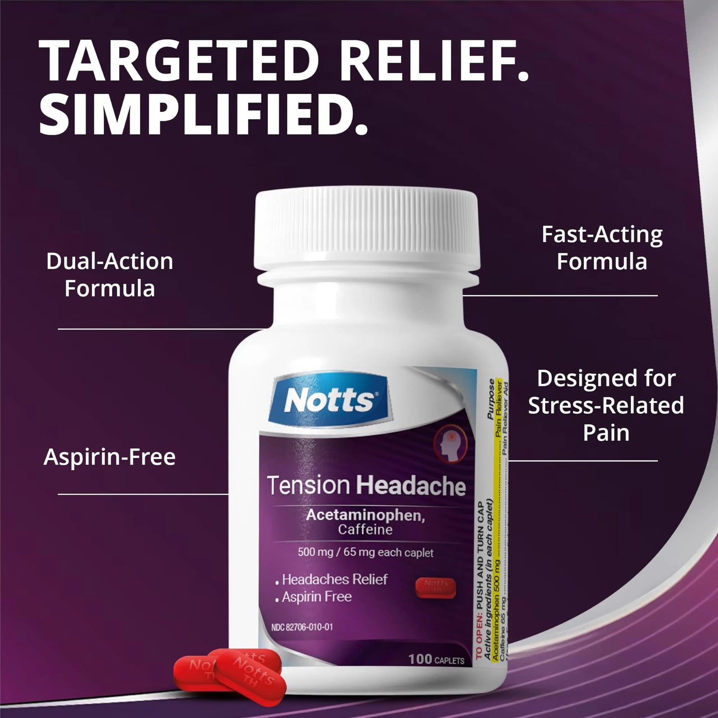 NOTTS Tension Headache Relief Without Aspirin for Head, Neck & Shoulder Pain - 100 Count, Acetaminophen 500 mg Caffeine 65 mg Caplets, for Aches Caused by Tension and Stress. Headache Relief caplets NOTTSBuy Supplements Australia