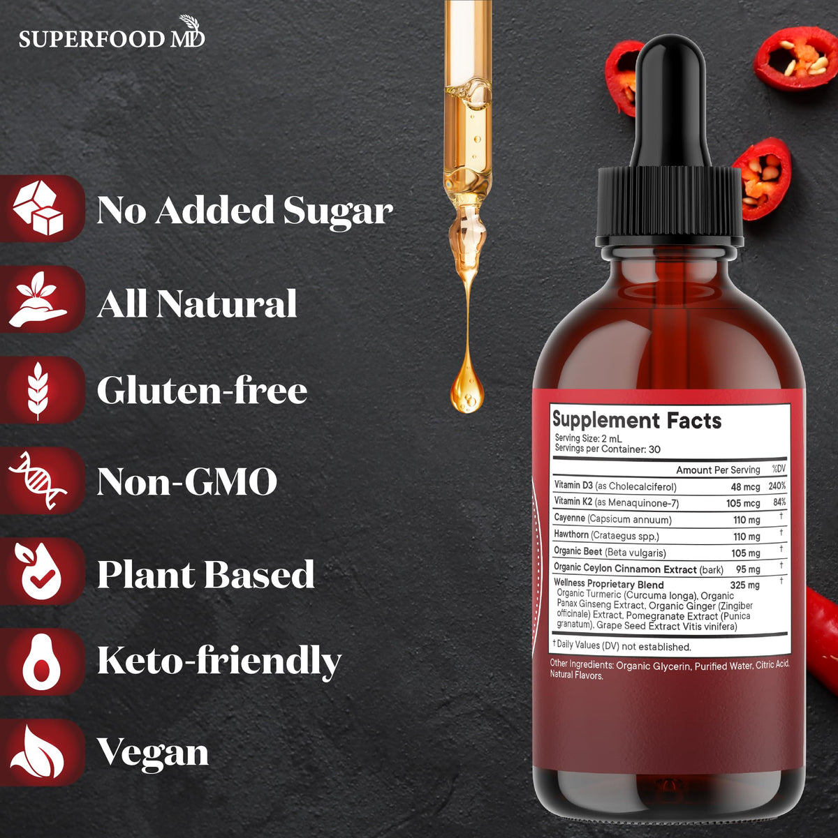 Cayenne Pepper Supplement Liquid Drops + Hawthorn Berry, Vitamin D3 K2 Beet Root Powder, Ceylon Cinnamon, Turmeric Curcumin, Organic Panax Ginseng - 4 OZ Superfood MD buy supplements Au