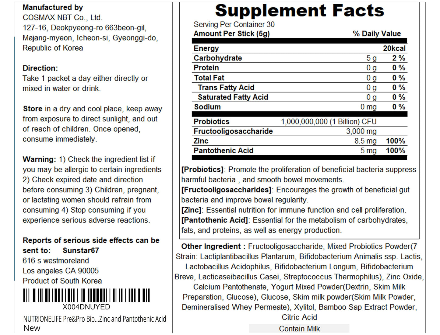 NUTRIONELIFE Pre&Pro Biotics, 1Billion CFU, Powder Type Korea Probiotics, Multi-Strain Probiotic Blend, Supports Digestive Wellness,