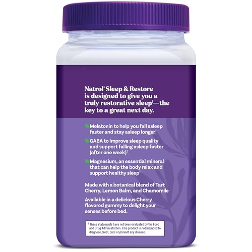Natrol Sleep + Restore Magnesium Glycinate Blend Gummies with Melatonin 5mg - Calm Magnesium with GABA, Botanical Blend, Cherry Flavor, 60 Gummies NatrolBuy Supplements Australia