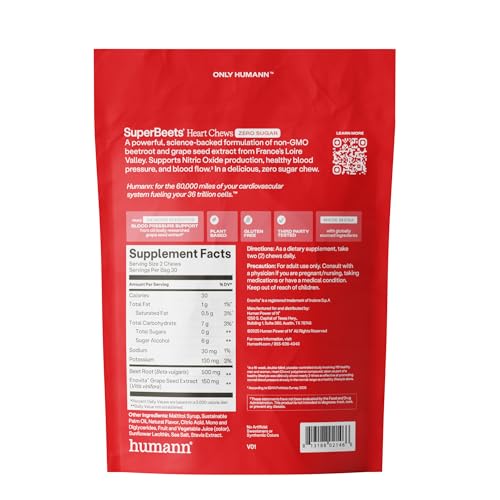 Humann SuperBeets Heart Chews Zero Sugar, Beet Root Supplement, Energy, Nitric Oxide and Blood Pressure Support, Grape Seed Extract & Non-GMO