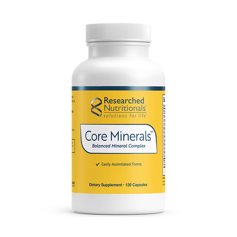 Supplement bottle labeled 'Core Minerals' by Researched Nutritionals on a white background