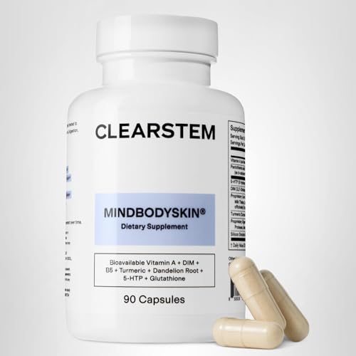 CLEARSTEM - MINDBODYSKIN Hormonal Acne Supplement (5-HTP) - Natural DIM Supplement - Skin Care Vitamins - Hormone Balance, Antioxidants - Gluten Free,