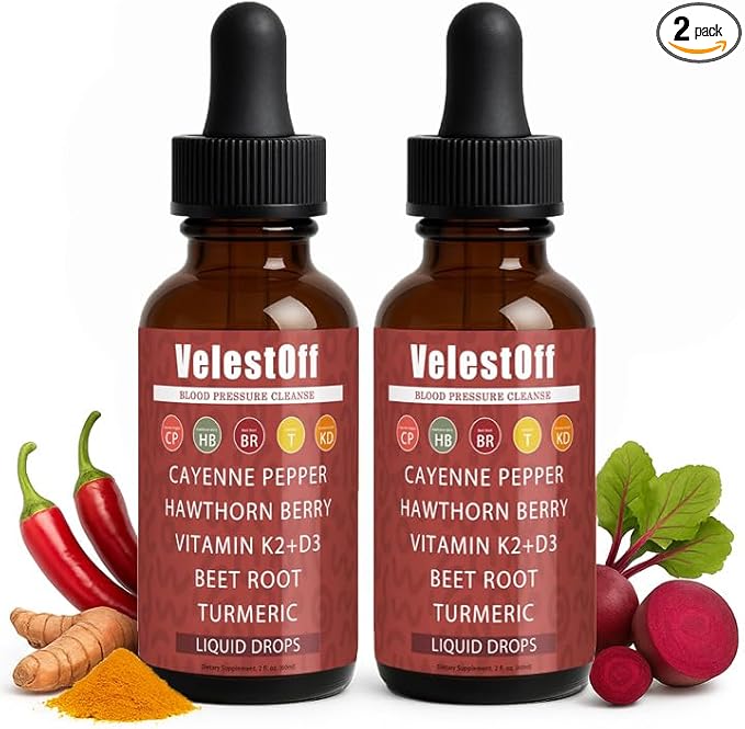 Two bottles of VelestOff liquid drops with ingredients displayed on a white background