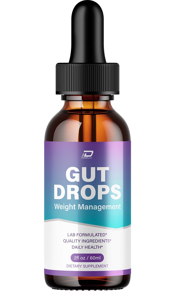 Bottle of Gut Drops weight management supplement with dropper on a white background