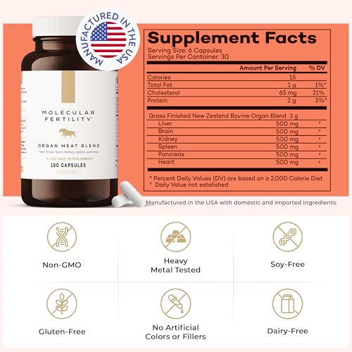 Molecular Fertility Beef Organ Complex - Pasture-Raised, Grass Fed Beef Liver, Brain, Heart, Spleen, Pancreas Blend, Healthy Hormone Balance and Fertility Supplement for Women and Men, 180 Capsules Molecular FertilityBuy Supplements Australia