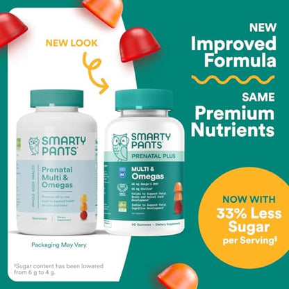 SmartyPants Prenatal Multivitamin Gummies with Omega 3 DHA/EPA, Methylfolate, Biotin, Vitamins D3, C, B12, B6, A, K, and Zinc, Gluten Free, Clean Label