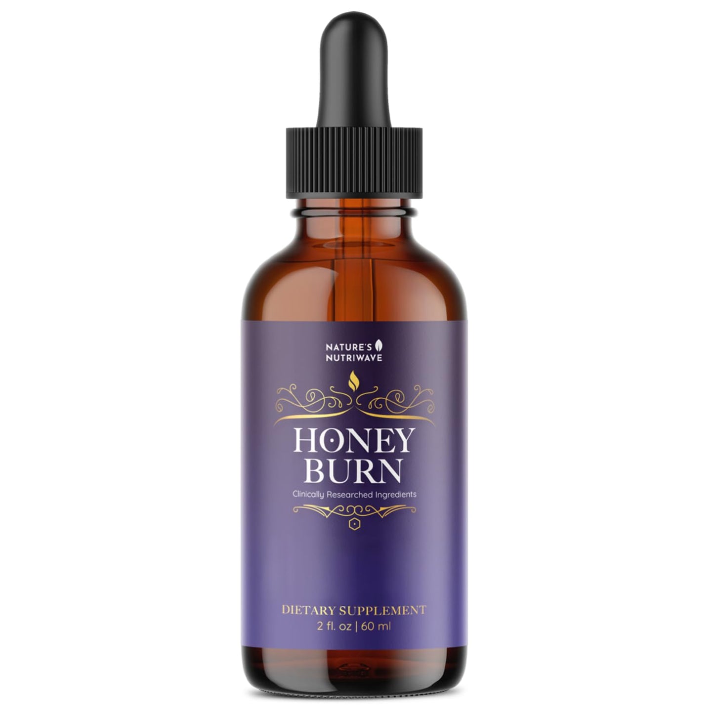 Bottle of Natures Nutrition Honey Burn dietary supplement with a dropper on a white background