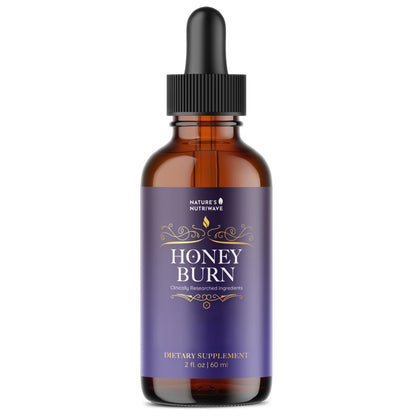 Bottle of Natures Nutrition Honey Burn dietary supplement with a dropper on a white background