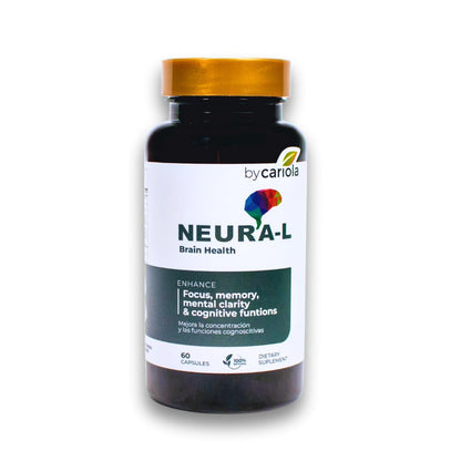Supplement bottle labeled 'NEURA-L' for brain health on a white background