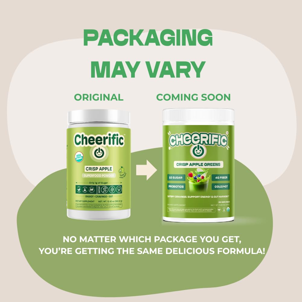 Cheerific Crisp Apple Greens Superfood Powder - 20+ Organic Superfoods + Prebiotic & Probiotics + More - Keto Friendly - Supports Positive Mood, Gut Health - Vegan, Gluten Free, Non-GMO - 30 Day Cheerific buy supplements Au
