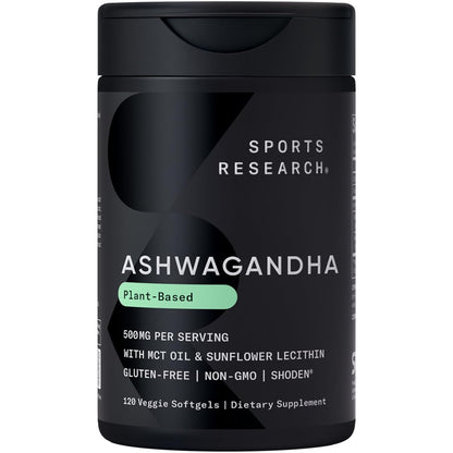 Sports Research® Ashwagandha Softgels with Coconut MCT Oil - Natural Ayurvedic Adaptogen Made with Shoden® Ashwa for Relaxation, Calm & Sleep Support - Gluten Free & Vegan Friendly - 120 Count Sports Research buy supplements Au