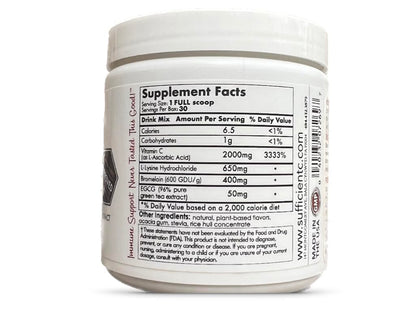 Sufficient-C High Dose Non-GMO Vitamin C Lemon Peach Immune-Ade Drink Mix, Convenient 125 Gram Size w/L-lysine, Bromelain & a Premium 96% Pure Green Tea Extract