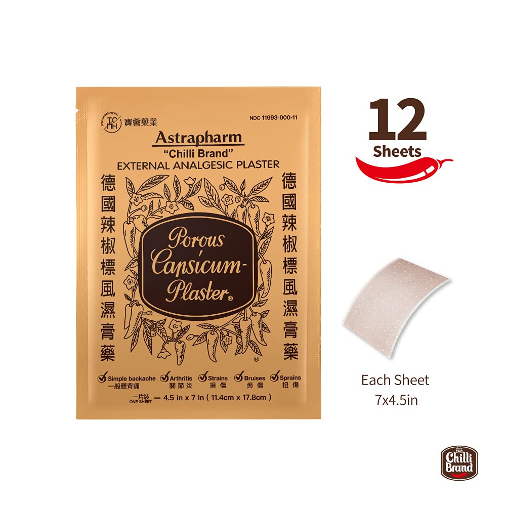 Chilli Brand Large Size Plaster Porous Capsicum Heat Patch for Arthritis & Back Muscle Knee Gout Neck Pain - Extra Strength Pain Relief Plaster, 7" x 4.5" (Size: L, 12 Sheets) POROUS-CAPSICUM-PLASTERBuy Supplements Australia