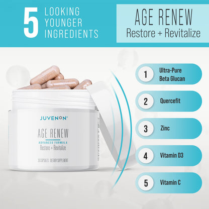Juvenon AgeRenew Beta Glucan Anti Aging Immunity Support Supplement, Beta Glucan with Zinc Quercetin for Immune Defense Boost JuvenonBuy Supplements Australia