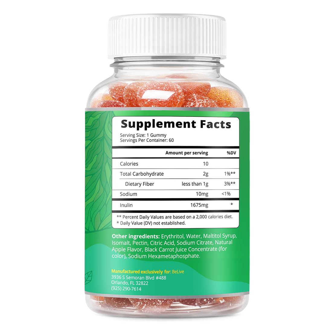 BeLive Fiber Gummies - Sugar Free Prebiotic Digestive Health and Regularity Supplement - Chicory Root & Inulin