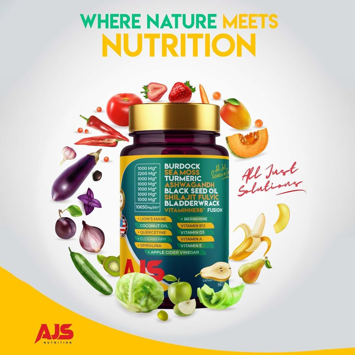 AJS Sea Moss Capsules 3200mg, Himalayan Shilajit 1000mg with Black Seed Oil, Ashwagandha, Turmeric, Bladderwrack, Burdock, Vitamins, Berberine, Lion’s Mane Mushroom, Elderberry- 90 Caps AJS NutritionBuy Supplements Australia