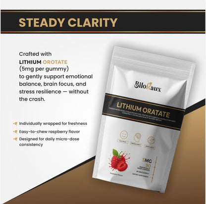BiloRaux Lithium Orotate 5mg Gummies – Premium Microdose Lithium Supplement for Calm Balance & Focus – Natural Raspberry Flavour – 90 Vegan Gummies