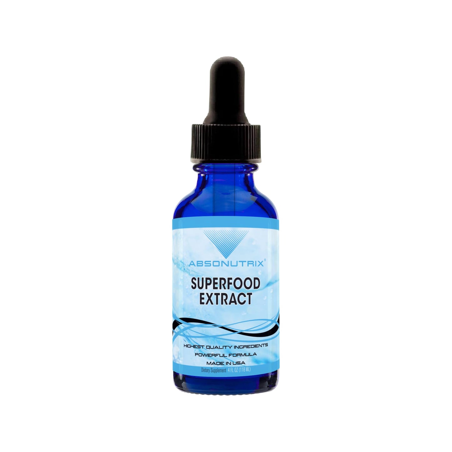 Blue bottle of superfood extract with a dropper on a white background