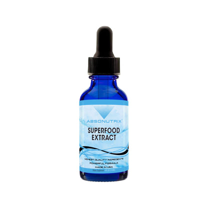 Blue bottle of superfood extract with a dropper on a white background