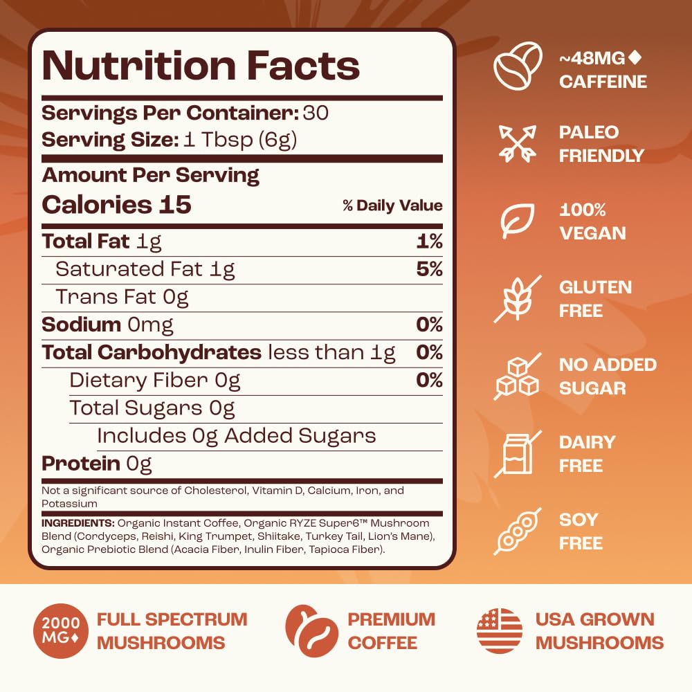 RYZE SUPERFOODS Mushroom Medium Roast Coffee USDA Organic with 6 Adaptogenic Mushrooms, USA Grown Instant Coffee for Better Energy