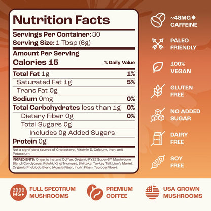 RYZE SUPERFOODS Mushroom Medium Roast Coffee USDA Organic with 6 Adaptogenic Mushrooms, USA Grown Instant Coffee for Better Energy