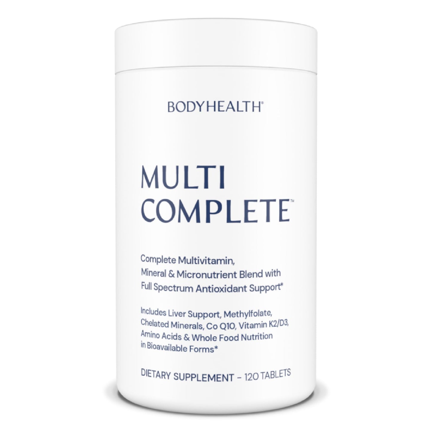 Multivitamin supplement container labeled 'Multi Complete' by BODYHEALTH on a white background.