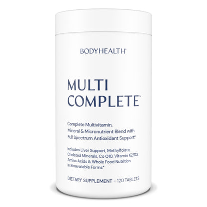 Multivitamin supplement container labeled 'Multi Complete' by BODYHEALTH on a white background.