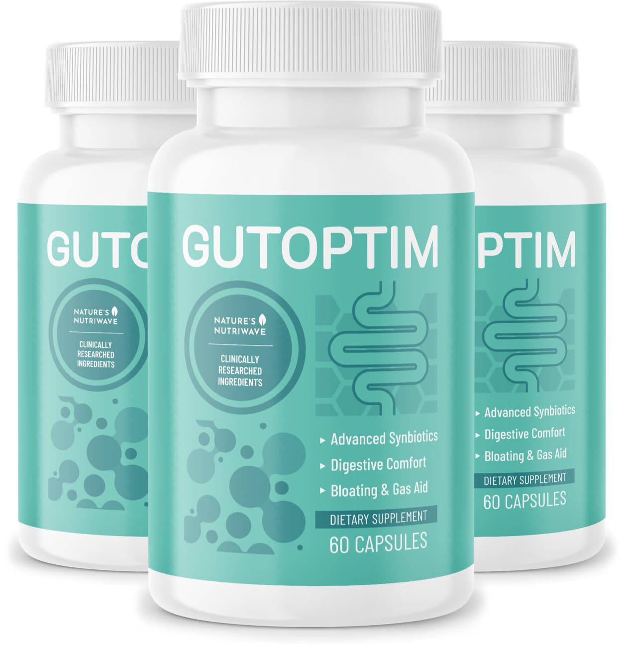 Three bottles of Gutoptim dietary supplement with a white background