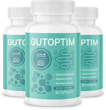 Three bottles of Gutoptim dietary supplement with a white background