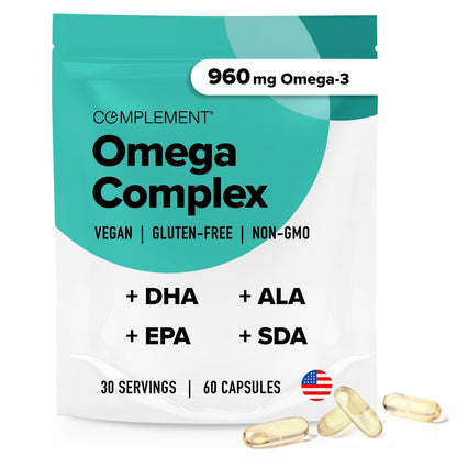 Vegan Omega 3 Supplement- 960mg Omega-3 Fatty Acids, DHA, EPA, SDA, ALA Supplement - Immune Support- 30 Servings, 60 Liquid Capsules ComplementBuy Supplements Australia