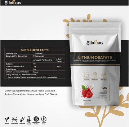 BiloRaux Lithium Orotate 5mg Gummies – Premium Microdose Lithium Supplement for Calm Balance & Focus – Natural Raspberry Flavour – 90 Vegan Gummies