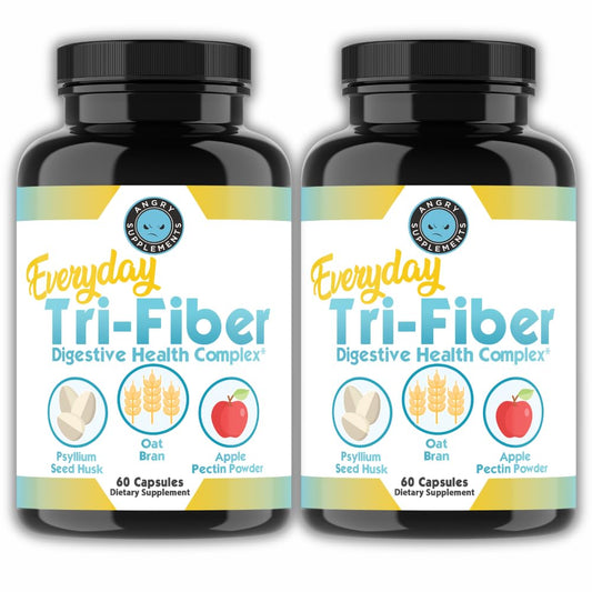 Angry Supplements Tri-Fiber Digestive Health Complex – Psyllium Husk, Oat Bran & Apple Pectin – Prebiotic Fiber for Gut Health & Regularity – 60 Capsules (2-Bottles)