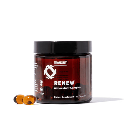 Supplement jar labeled 'Renew' with capsules on a white background