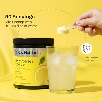 KEY NUTRIENTS Multivitamin Electrolytes Powder No Sugar - Refreshing Lemonade Electrolyte Powder - Sodium & Energy Supplement - Hydration Powder