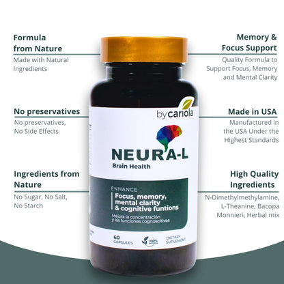 BY CARIOLA Neural-L Natural Brain Support Supplement 60 Caps - Mental Support – Memory Booster - Concentration - Natural Formula - Ashwagandha - L-Tyrosine - L-Theanine BY CARIOLA buy supplements Au