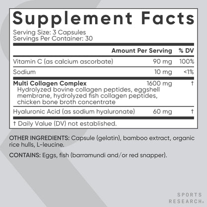 Sports Research® Multi Collagen Pills for Women & Men - Collagen Peptides (Type I, II, III, V, X) Enhanced with Hyaluronic Acid & Vitamin C - Gluten Free ­· Non-GMO - 90 Capsules