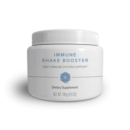White container of immune shake booster dietary supplement on a white background