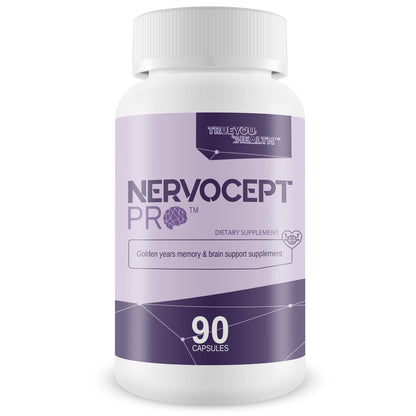 Supplement bottle labeled 'Nervocept Pro' with purple and white design on a white background