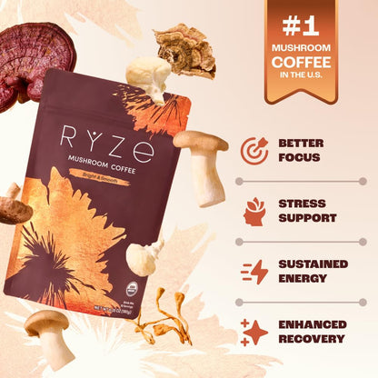 RYZE SUPERFOODS Mushroom Medium Roast Coffee USDA Organic with 6 Adaptogenic Mushrooms, USA Grown Instant Coffee for Better Energy