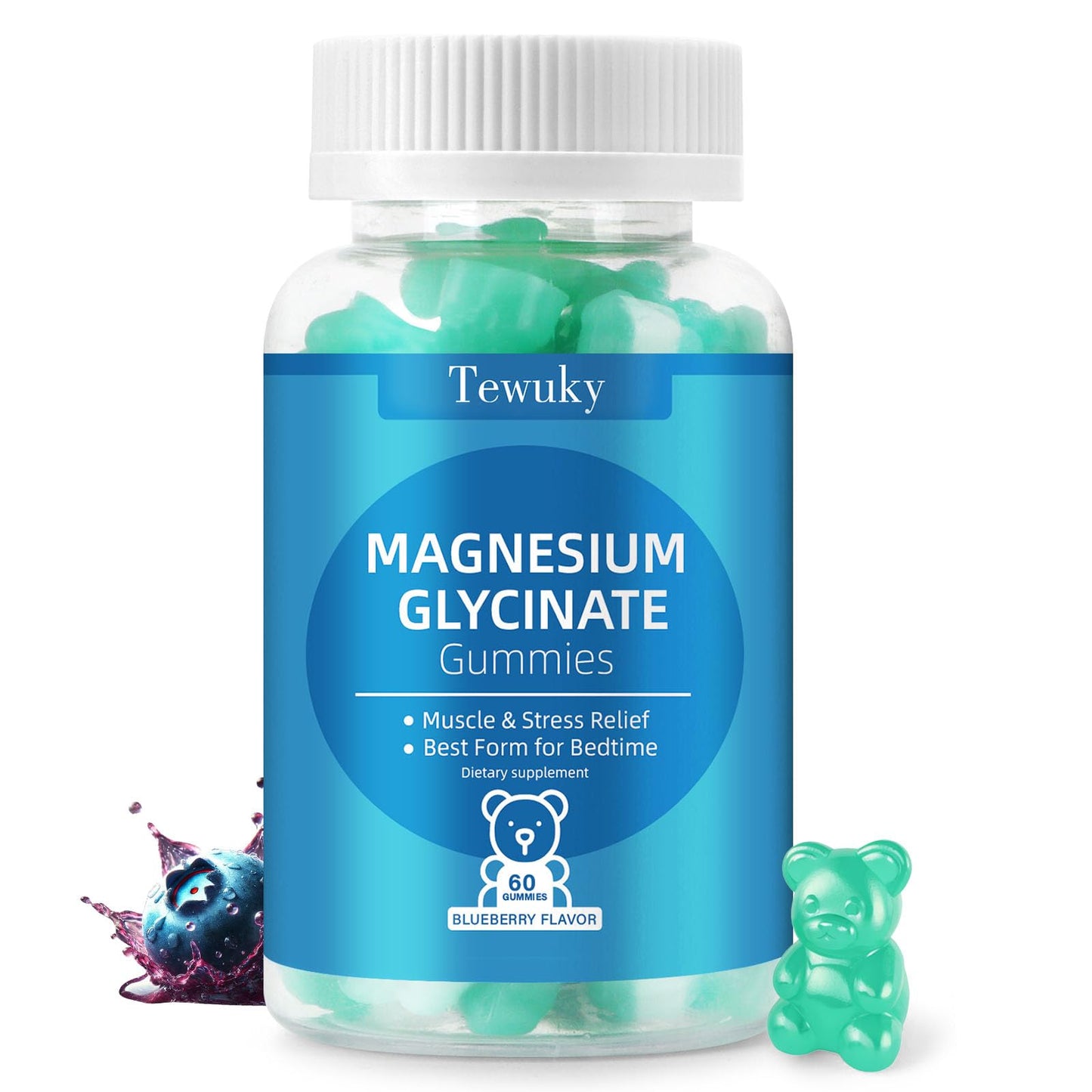 Magnesium Glycinate Gummies 500mg, Sugar-Free for Adults & Kids, Magnesium Gummies for Sleep, Stress & Muscle Relief, Supports Bone & Nerve Health, Vegan, Pectin-Based, 60 Count, Blueberry Flavor TewukyBuy Supplements Australia