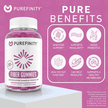PUREFINITY Fiber Gummies for Adults with Inulin FOS from Chicory Root, Sugar Free Prebiotic Supplement for Daily Digestion