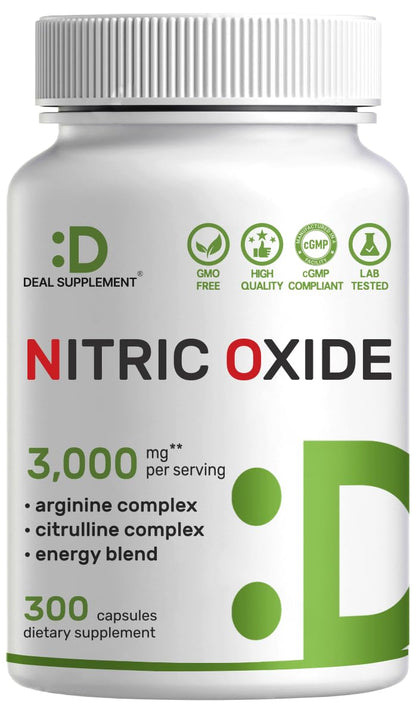 Nitric Oxide Supplement 3,000mg, 300 Capsules | 12-in-1 Complex for Men & Women – Arginine, Citrulline, Korean Red Ginseng,
