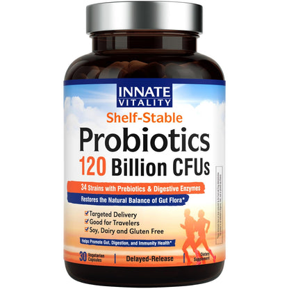 Innate Vitality Probiotics 120 Billion CFUs for Men & Women, 34 Strains with Prebiotics & Digestive Enzymes, Immune & Digestive Health